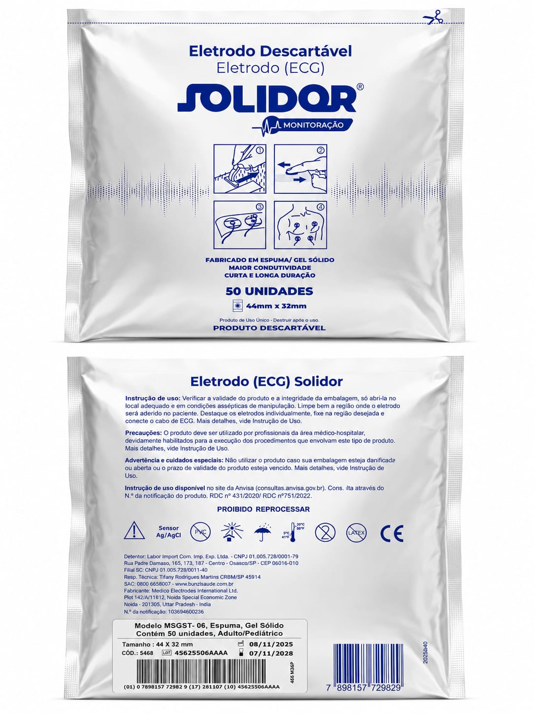 Eletrodo Descartável Solidor 44mm x 32mm 50 unidades 